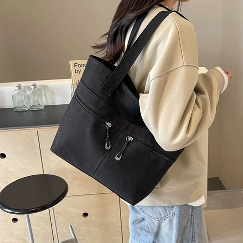 Sac Cabas en Toile Large pour Femmes Minimaliste Avec Multi-Poches Fermeture Éclair Sac à Épaule Simple et Élégant