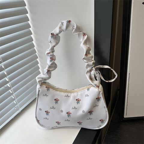 Women Floral Canvas Shoulder Bag Scrunchie Handle Bow Underarm Tote Bag Printed Pastoral Fashion Casual Crossbody Handbag