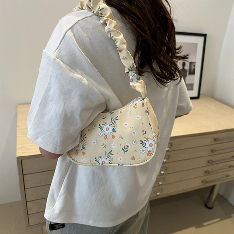 Women Floral Canvas Shoulder Bag Scrunchie Handle Bow Underarm Tote Bag Printed Pastoral Fashion Casual Crossbody Handbag