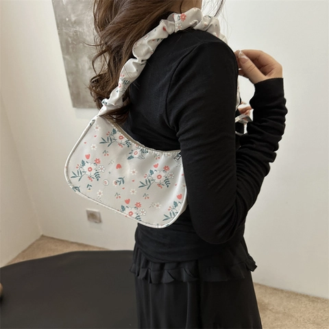 Women Floral Printed Canvas Shoulder Bag Ruched Scrunchie Handle Hobo Bag With Bow Sweet Pastoral Style Tote Purse