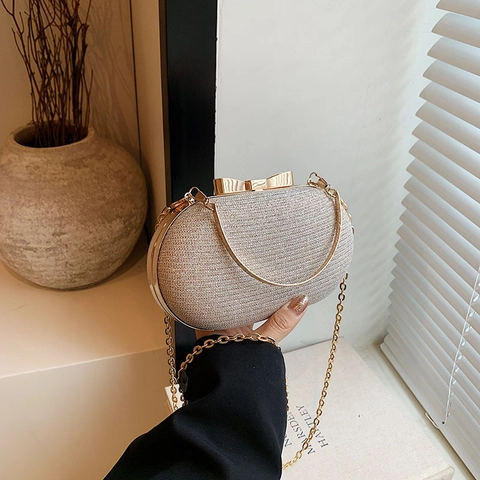 Bolso de Noche de Lujo con Brillantina para Mujer Cartera Rígida Ovalada de Lentejuelas Con Asa de Anillo Metálico Cierre de Lazo Bolso con Cadena