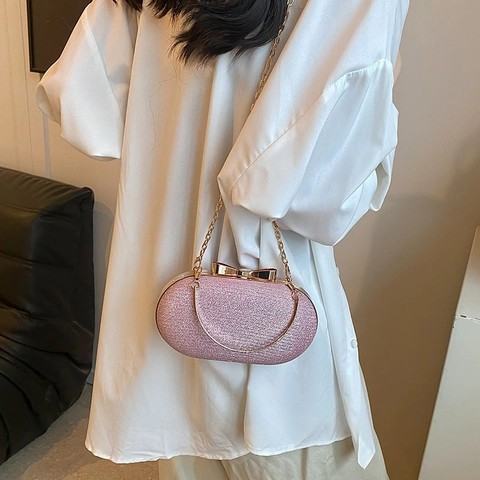 Bolso de Noche de Lujo con Brillantina para Mujer Cartera Rígida Ovalada de Lentejuelas Con Asa de Anillo Metálico Cierre de Lazo Bolso con Cadena