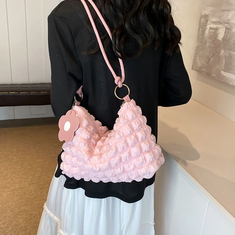 Women Popcorn Bubble Texture PU Shoulder Bag Fashion Underarm Bag With Flower Charm Solid Color Casual Underarm Tote Bag