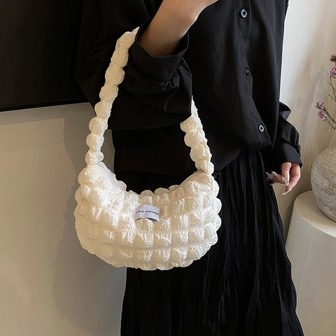 Borsa a Spalla da Donna in Tessuto Popcorn Casual Texture a Bolle Borsa a Tracolla Dumpling Bag Moda Tinta Unita Borsa Sottobraccio