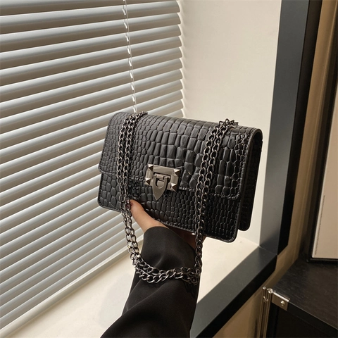 Dames Krokodillenpatroon PU Leer Ketting Crossbody Tas Franse Stijl Kleine Vierkante Schoudertas Met Metalen Slot Woon-werkverkeer