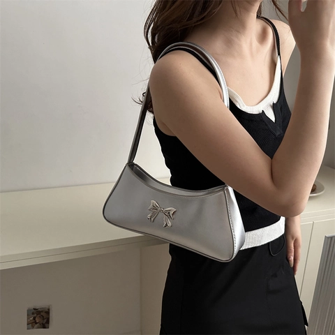 Bolso Baguette con Lazo para Mujer Cuero PU Bolso de Hombro de Axila Estilo Coreano Elegante Color Sólido para Diario Fiesta