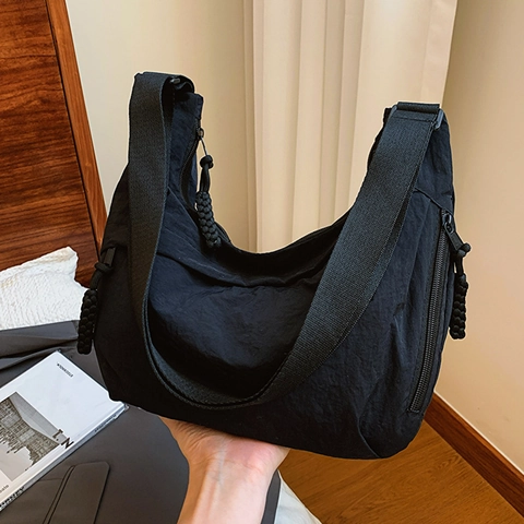 Large Capacity Canvas Crossbody Bag For Women Fashion Solid Color Half Moon Shoulder Bag Braided Zipper Daily Travel Hobo Bag