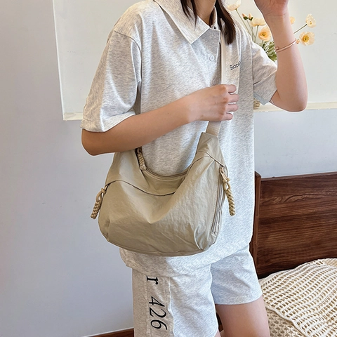 Large Capacity Canvas Crossbody Bag For Women Fashion Solid Color Half Moon Shoulder Bag Braided Zipper Daily Travel Hobo Bag