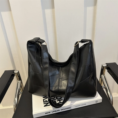 Große Kapazität PU Leder Umhängetasche Für Damen Geometrisches Patchwork Spleißen Karierte Tragetasche Lässige Street Fashion Tasche
