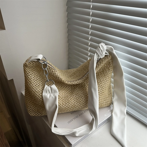 Borsa Tote Intrecciata da Donna Borsa a Spalla in Paglia di Moda Con Catena in Metallo E Tracolla a Nodo Estate Spiaggia Viaggio Handbag Casual