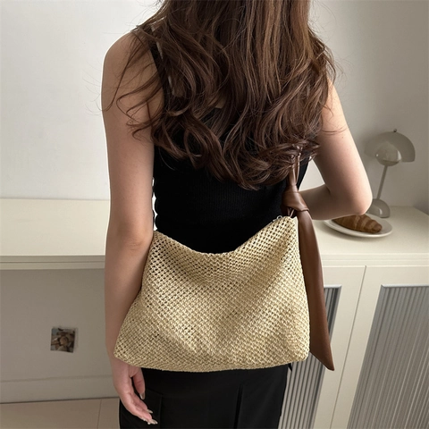 Borsa Tote Intrecciata da Donna Borsa a Spalla in Paglia di Moda Con Catena in Metallo E Tracolla a Nodo Estate Spiaggia Viaggio Handbag Casual
