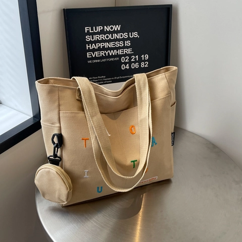 Women Large Capacity Canvas Tote Bag With Small Round Purse Embroidered Letter Trendy Casual Shoulder Handbag Work School Bag