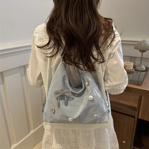 Bolso de Hombro de PU de Moda para Mujer Con Lazo de Strass y Decoración de Perlas Artificiales Diseño Plisado Bolso Tote para Uso Diario