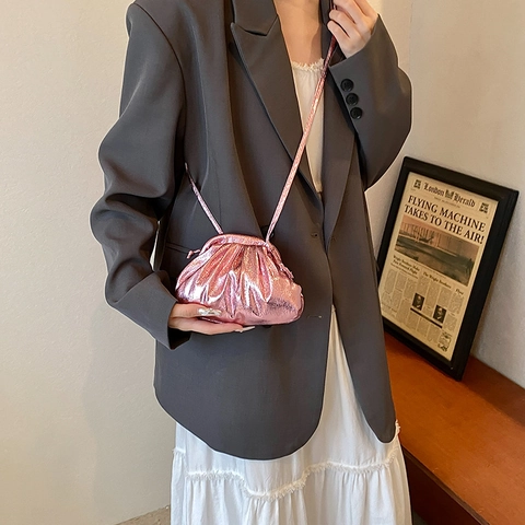 Women Fashion Metallic Pleated Pouch Bag French Niche Mini Cloud Bag Ruched Shoulder Crossbody Bag Shell Shaped Handbag