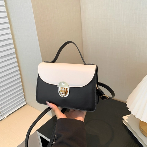 Bolso de Hombro de Mujer Elegante Estilo Francés Bloque de Color Cuero PU Bolso Bandolera Cuadrado Pequeño Con Asa Superior Cierre Dorado