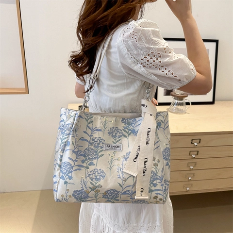 Vintage Bloemen Canvas Draagtas Voor Dames Mode Lettera fdruk Schoudertas Met Ketting Casual Tas Grote Capaciteit