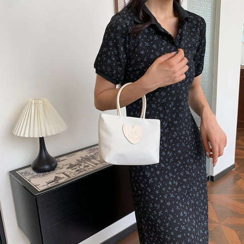 Borsa Tote Mini in Tela da Donna Borsa a Mano Casual Toppa Cuore Sorriso Manico Superiore per Shopping Street Style Quotidiano