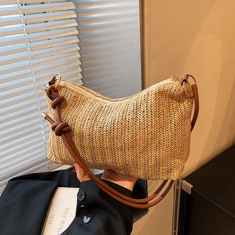 Bolso de Hombro de Paja Tejido a Mano para Mujer Color de Contraste Bolso de Axila Bohemio Bolso de Mano de Playa de Verano