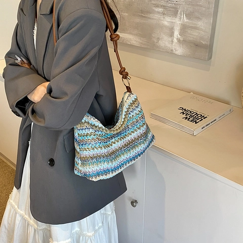 Bolso de Hombro de Paja Tejido a Mano para Mujer Color de Contraste Bolso de Axila Bohemio Bolso de Mano de Playa de Verano