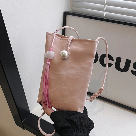 Borsa da Donna in Stile Cinese in Pelle PU Plissettata Mini Borsa per Cellulare Con Fibbia in Perla E Nappina Borsa a Tracolla