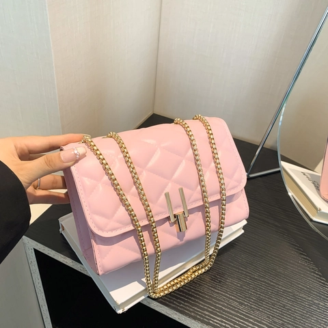 Borsa a Spalla da Donna in Pelle PU Trapuntata a Losanghe Tracolla a Catena in Metallo Oro Piccola Borsa Quadrata Daily