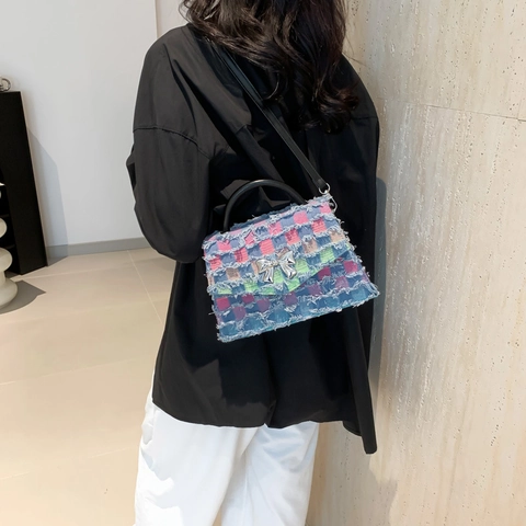 Damen Mode Fransenkante Karriert Sternenmuster Quadratische Tasche Silber Schleife PU Stoff Umhängetasche Schultertasche
