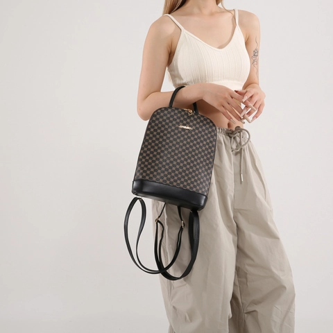 Women Fashion PU Leather Backpack Vintage Checkerboard Pattern Large Capacity Travel Bag With Top Handle And Metal Logo