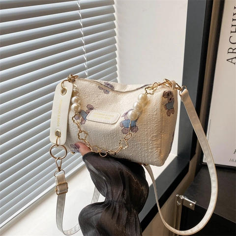 Damen Mode Segeltuch Gestreift Cartoon Bär Schultertasche Mit Perlengriff Süße Umhängetasche Pillow Bag Tägliches Geschenk
