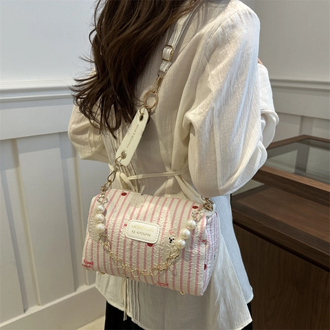 Damen Mode Segeltuch Gestreift Cartoon Bär Schultertasche Mit Perlengriff Süße Umhängetasche Pillow Bag Tägliches Geschenk