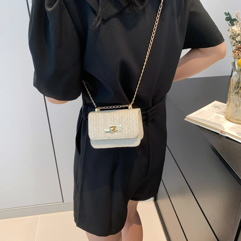 Bolso Bandolera de Paja Tejida de Verano para Mujer Bolso de Hombro Cuadrado de Moda Con Cadena Dorada Bolso Casual de Vacaciones