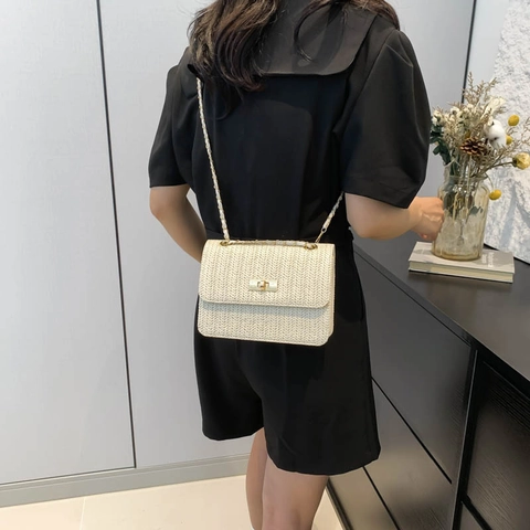 Woven Shoulder Bag For Women Fashion Herringbone Pattern Small Square Chain Bag Casual Commuter Flap Handbag With Lock