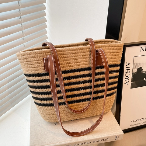 Damen Gestreifte Gewebte Tragetasche Große Kapazität Strandurlaub Umhängetasche Minimalistisch Casual Stroh Stil Handtasche Weiche Baumwollseil Beuteltasche