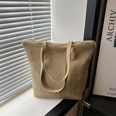 Borsa Tote da Donna in Paglia Intrecciata alla Moda Grande Capacità Borsa a Spalla da Spiaggia Estiva con Cerniera Stile Casual