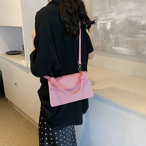 Borsa a Tracolla Piccola Quadrata da Donna in Pelle PU Con Trama Intrecciata Vintage Con Manico a Nodo di Corda Borsa a Mano Chic di Tendenza