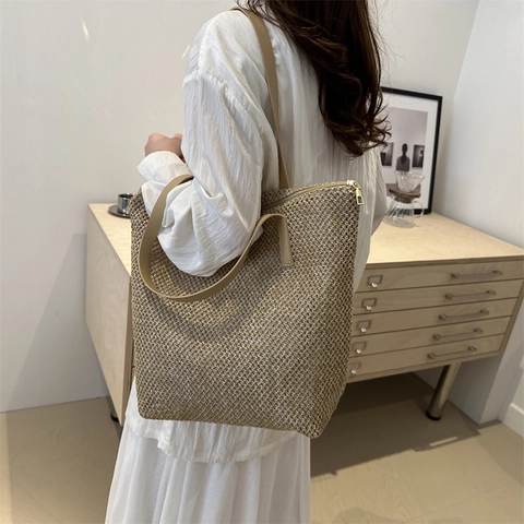 Borsa Tote da Donna in Paglia Intrecciata alla Moda Grande Capacità Borsa a Spalla da Spiaggia Estiva con Cerniera Stile Casual