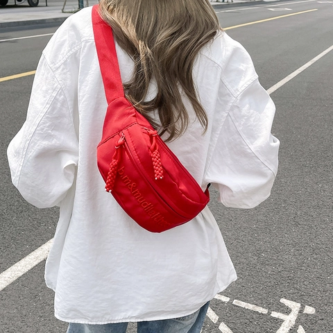 Fashion Nylon Waist Bag For Women Men Street Trend Crossbody Chest Bag With Letter Embroidery Adjustable Strap Casual Sport