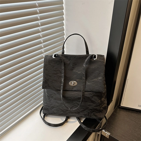 Korean Fashion Crinkled PU Leather Women Backpack Large Capacity Casual Travel Backpack With Metal Turn-lock Shoulder Bag
