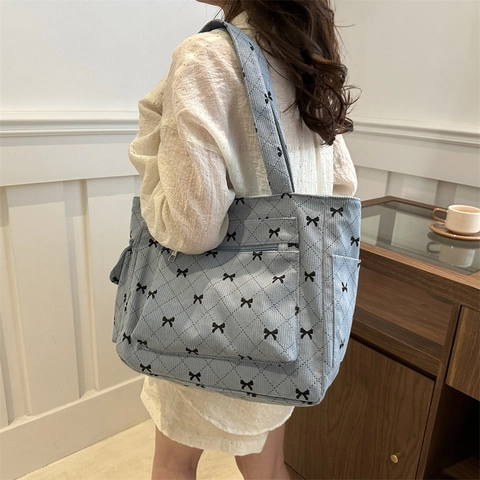 Bolso Tote de Pana para Mujer Lazo Acolchado Gran Capacidad Bolso de Hombro Casual Escolar Bolso de Mano con Bolsillos