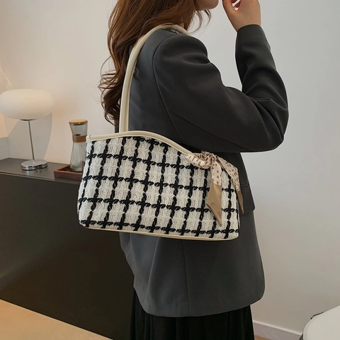 Elegante Tweed Ruit Tote Bag Grote Capaciteit Woon-werkverkeer Schoudertas Met Satijnen Sjaal Strik PU Lederen Handvat Handtas