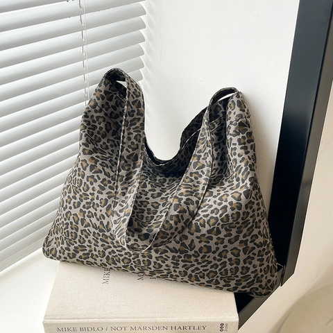 Damen Casual Leopardenmuster Segeltuch Einkaufstasche Große Kapazität Schultertasche Mode Einfache Hobo Tasche Für Den Alltag
