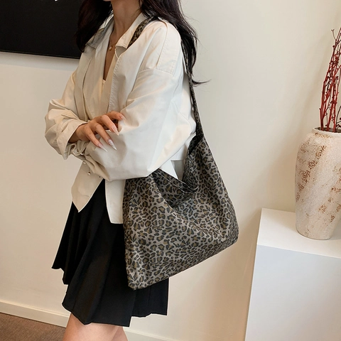 Damen Casual Leopardenmuster Segeltuch Einkaufstasche Große Kapazität Schultertasche Mode Einfache Hobo Tasche Für Den Alltag