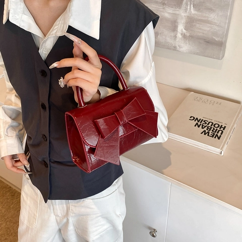 Petit Sac à Main Carré en Cuir PU Brillant de Style Coréen Avec Nœud Papillon et Texture Gauffrée Sac à Épaule pour Femme