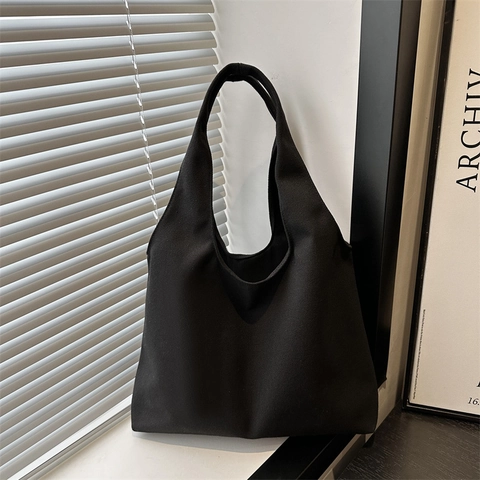 Minimalist Canvas Tote Bag For Women Large Capacity Shoulder Bag Korean Style Solid Color Shopping Commuting Daily Handbag