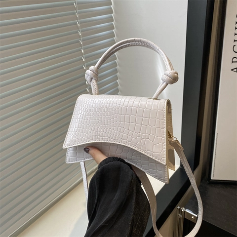 Krokodillenpatroon Zandloper Schoudertas Voor Dames PU Leer Geknoopte Handgreep Boogbodem Klep Crossbodytas Handtas