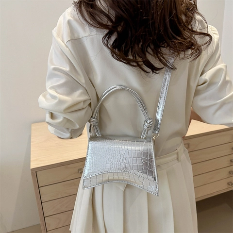 Krokodillenpatroon Zandloper Schoudertas Voor Dames PU Leer Geknoopte Handgreep Boogbodem Klep Crossbodytas Handtas