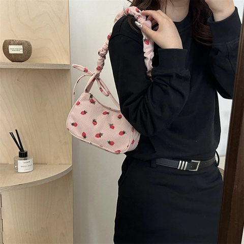 Borsa a Spalla in Velluto a Coste da Donna Stampa Fragola Tracolla Arricciata Sottobraccio Con Fiocco Dolce Casual Moda