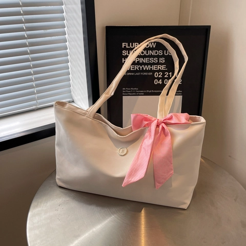 Sac Cabas en Toile de Grande Capacité pour Femmes Avec Décoration de Nœud à Carreaux Sac à Épaule Décontracté à la Mode pour le Trajet Quotidien