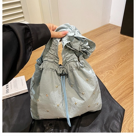 Bolso de Hombro de Tejido Compuesto para Mujer Asa Plisada Tachuelas Strass Cordón Bolso Tote Casual Urbano