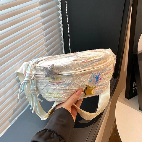 Women Fashion Star Embroidery Chest Bag Street Style Crossbody Waist Bag Adjustable Strap Tassel Zipper Pockets Casual Bag