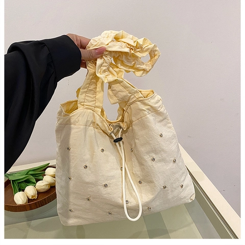 Bolso de Hombro de Tejido Compuesto para Mujer Asa Plisada Tachuelas Strass Cordón Bolso Tote Casual Urbano